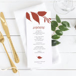Tarjeta de menú Naranja de combustión del follaje<br><div class="desc">Esta plantilla de menú boda forma parte de la colección de invitación de lujo Do Tell A Belle. El diseño presenta hojas de otoño botánicas en naranja quemado. Personalizar con elementos de menú, nombres y fecha de evento. Perfecto para bodas, ducha nupcial de otoño, cenas de ensayo o lo que...</div>