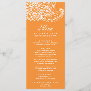 Tarjeta de menú naranja Indian Paisley Dinner
