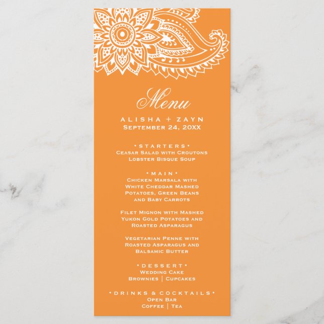 Tarjeta de menú naranja Indian Paisley Dinner (Anverso)