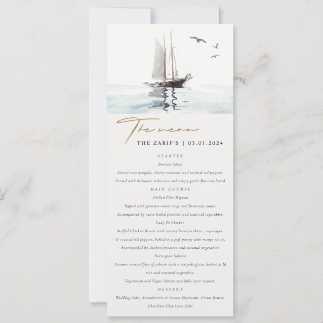 Tarjeta de menú Nautical Sail Yacht Boda (Anverso)