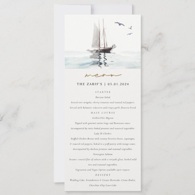 Tarjeta de menú Nautical Sail Yacht Boda (Anverso)