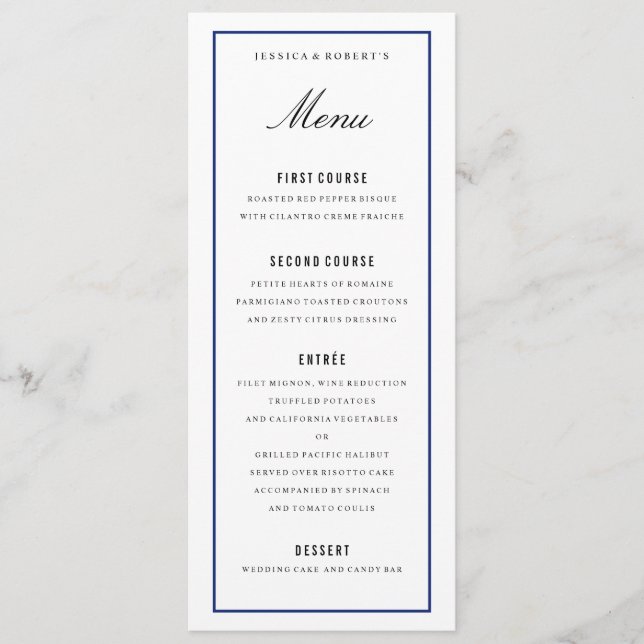 Tarjeta de menú Navy Blue Border Elegant Wedding (Anverso)