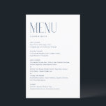 Tarjeta de menú Navy Blue Modern Minimalista Typog<br><div class="desc">carta de menú de personalizable con tipografía moderna. Personalice agregando fecha y opción de comida. Esta carta minimalista azul marino es perfecta para bodas,  duchas para bebés,  duchas de novias,  cumpleaños y más.</div>