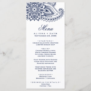 Tarjeta de menú Navy Indian Paisley para cenar