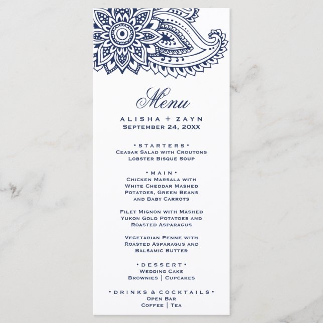 Tarjeta de menú Navy Indian Paisley para cenar (Anverso)