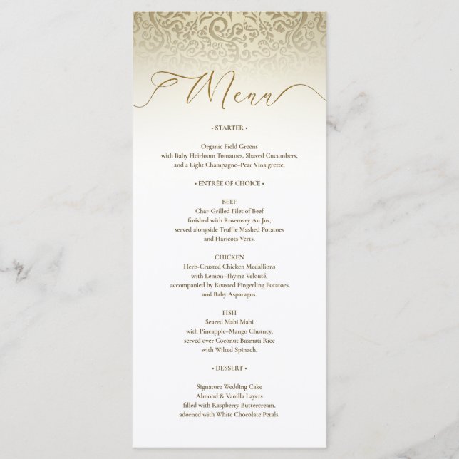 Tarjeta de menú Ornate Damask Gold (Anverso)