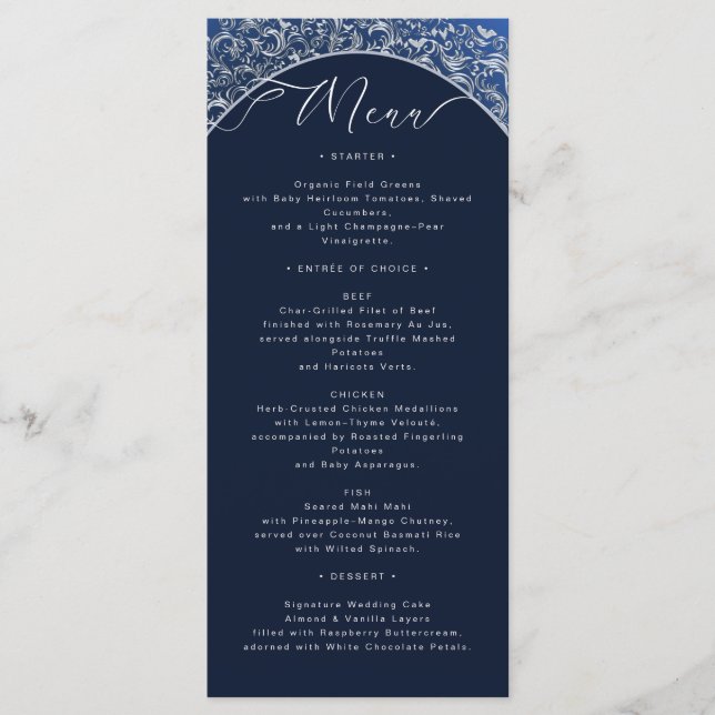 Tarjeta de menú Ornate de Damask Azul clásico (Anverso)