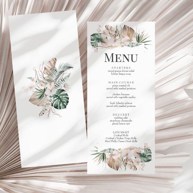 Tarjeta de menú Orquídea Tropical y Monstera Boda (Tropical Orchid and Monstera Wedding Menu Card on a sunny white dry palm leaf.)
