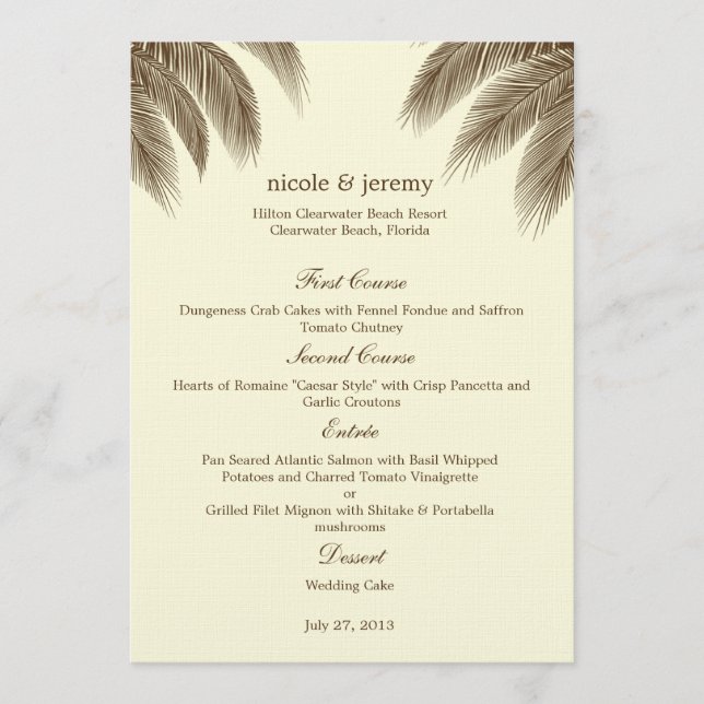 Tarjeta de menú Palm Beach Wedding - Marrón (Anverso)