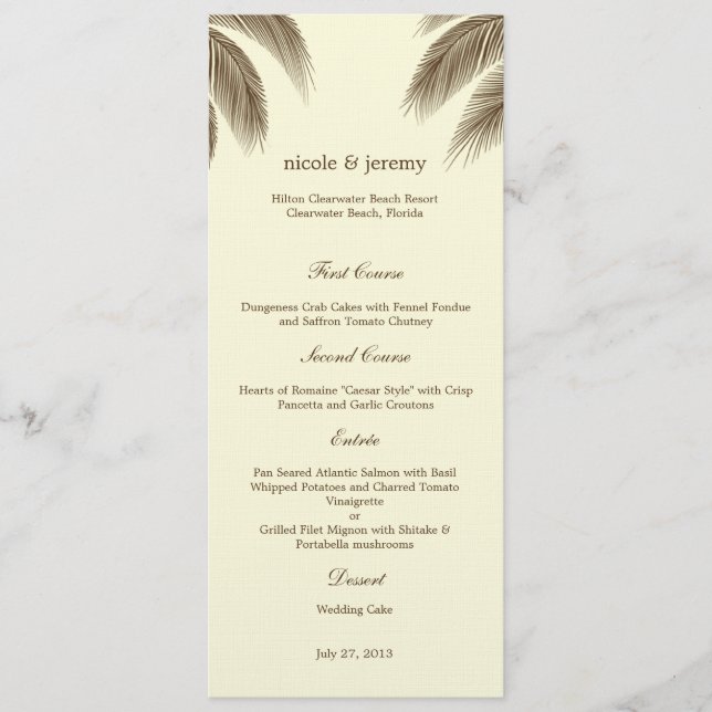 Tarjeta de menú Palm Beach Wedding - Marrón (Anverso)