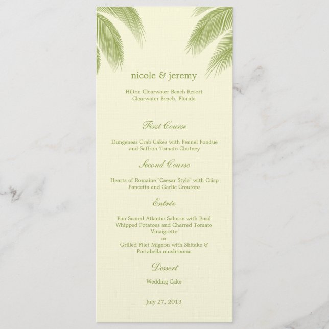 Tarjeta de menú Palm Beach Wedding - Verde (Anverso)