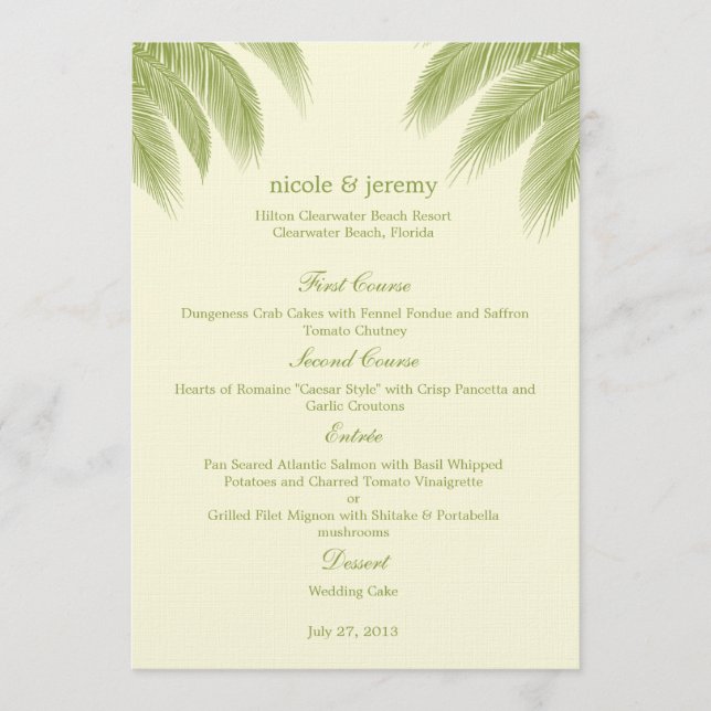 Tarjeta de menú Palm Beach Wedding - Verde (Anverso)