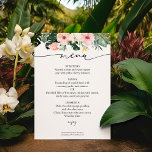 Tarjeta de menú Palm Hibiscus Tropical Bridal Show<br><div class="desc">¿Estás buscando traer un trozo de paraíso a tu ducha de novia? Tenemos todo cubierto! Nuestra carta de menú "Bridal Shower Menu Card" con hibiscos, palmeras, tropicales, acuarelas florales y verdes es una manera segura de marcar el tono para su celebración. Prepárate para acompañar a tus invitados con un menú...</div>