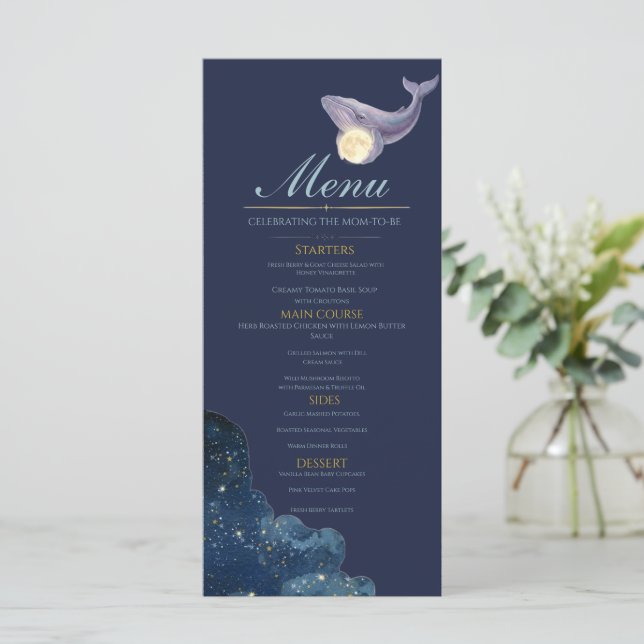 Tarjeta de menú para baby shower Celestial Moon Ba (Anverso de pie)