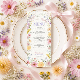 Tarjeta de menú para baby shower de flores silvest