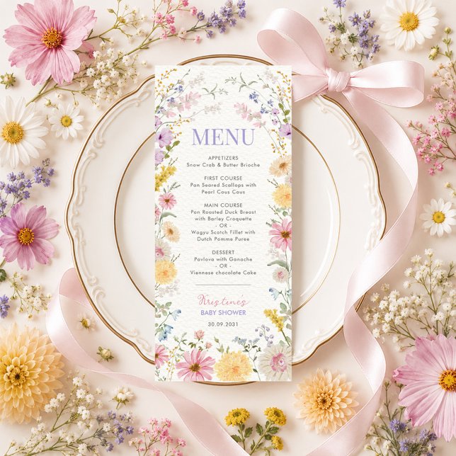 Tarjeta de menú para baby shower de flores silvest (Subido por el creador)