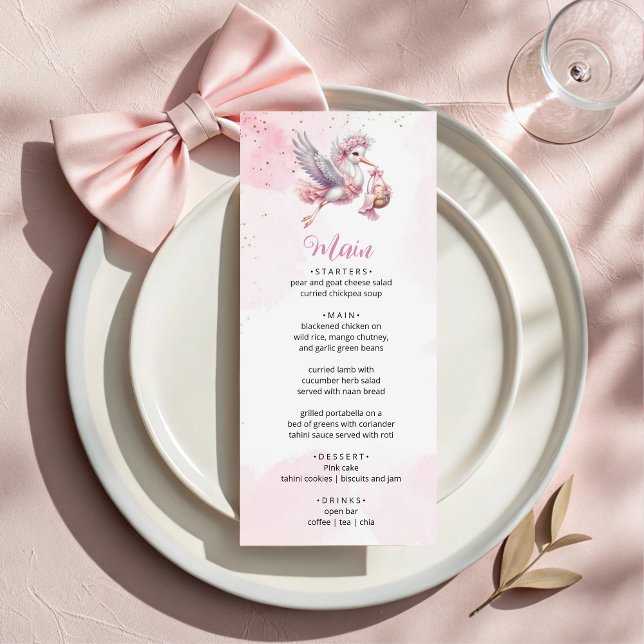 Tarjeta de menú para Baby Shower de niña con cigüe (Subido por el creador)