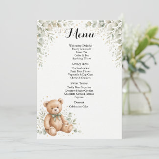 Tarjeta de menú para baby shower del osito de euca