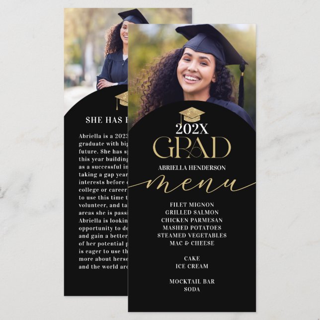 Tarjeta de menú para cena de graduación de oro (Anverso / Reverso)