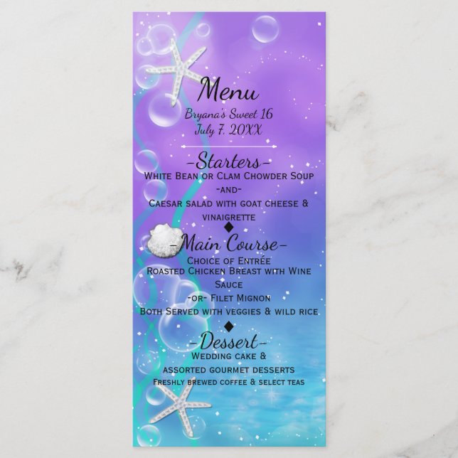 Tarjeta de menú para fiesta en la playa encantada  (Anverso)