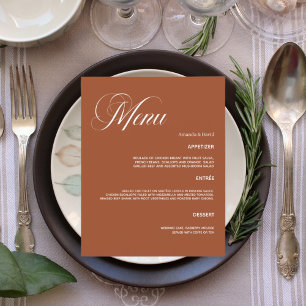 Tarjeta de menú para la cena del boda naranja quem