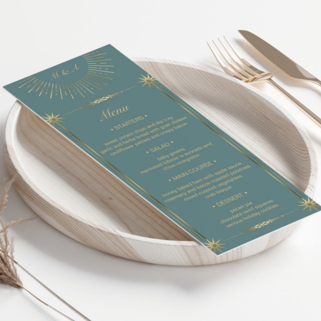 Tarjeta de menú Pastel Celestial Gold Boda para ce (Subido por el creador)
