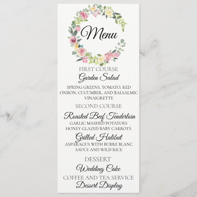 Tarjeta de menú Pastel Floral Wreath Boda (Anverso)