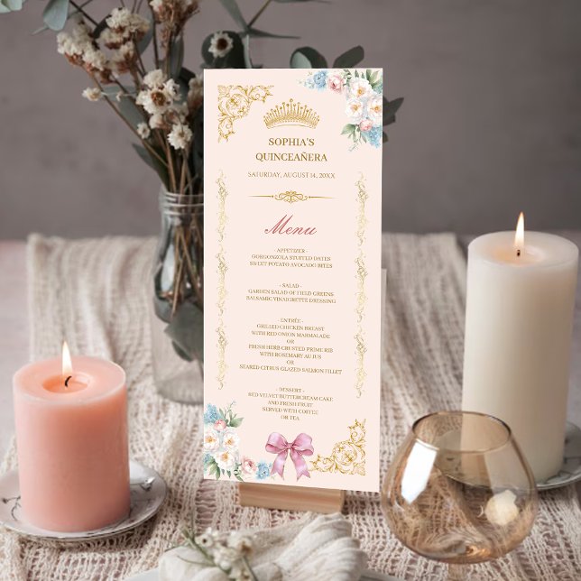 Tarjeta de menú personalizada Quinceañera con coro (Classy Crown Pink Bow Quinceanera Custom Menu Card)
