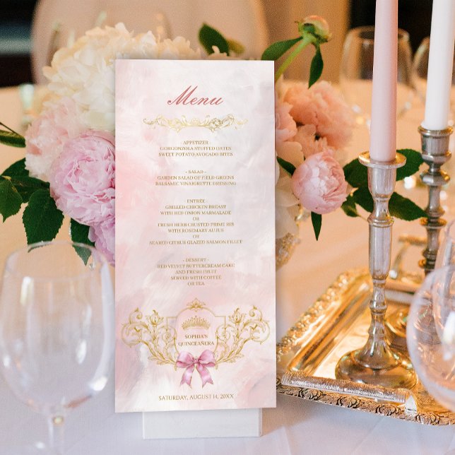 Tarjeta de menú personalizada Quinceañera con lazo (Classy Crown Pink Bow Quinceanera Custom Menu Card)