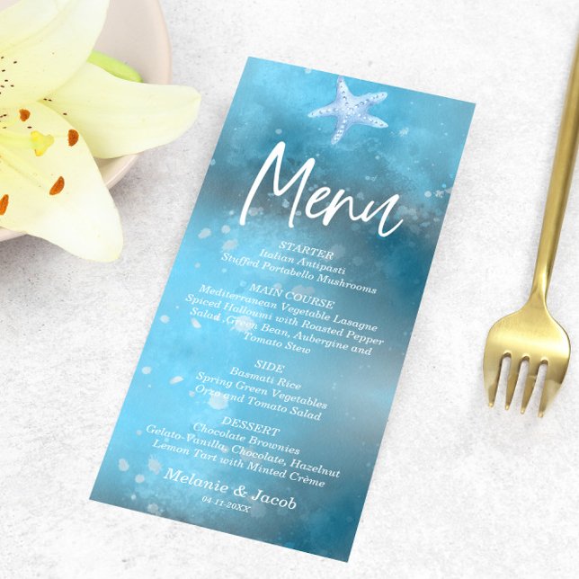 Tarjeta de menú plana Boda de verano del Mar Azul (Subido por el creador)