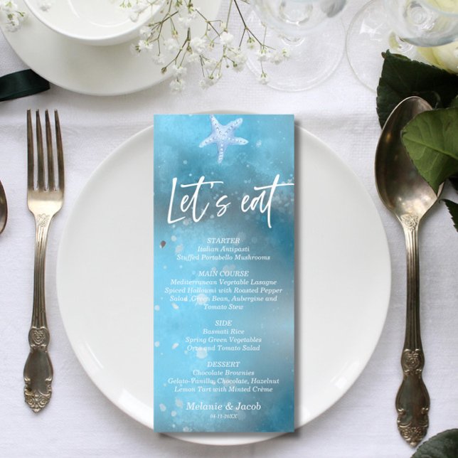 Tarjeta de menú plana Boda de verano del Mar Azul (Subido por el creador)