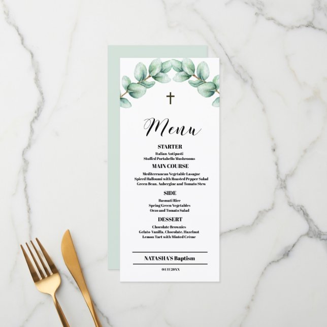 Tarjeta de menú plana de 4x9 para bautizo con vege (Anverso/Reverso In Situ)