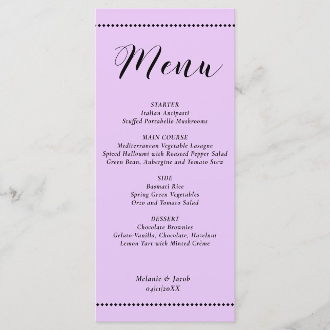 Tarjeta de menú plana de boda de lavanda minimalis (Anverso)