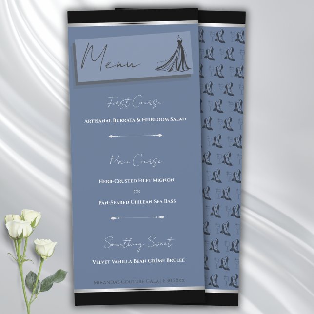 Tarjeta de menú plana de gala de moda azul cerúleo (Chic cerulean blue fashion gala flat 4x9 menu card with couture gown sketch.)