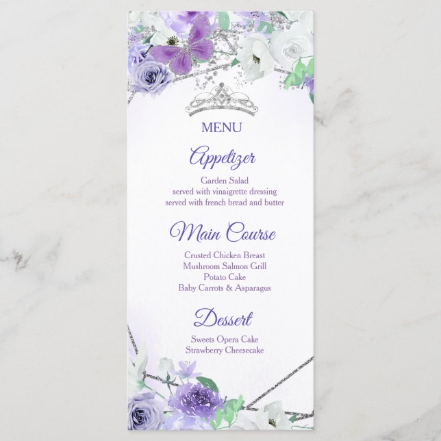 Tarjeta de menú Plata y Vestidos Púrpura Quinceañe (Anverso)
