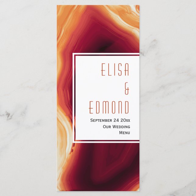 Tarjeta de menú Red agate slice geode boda (Anverso)
