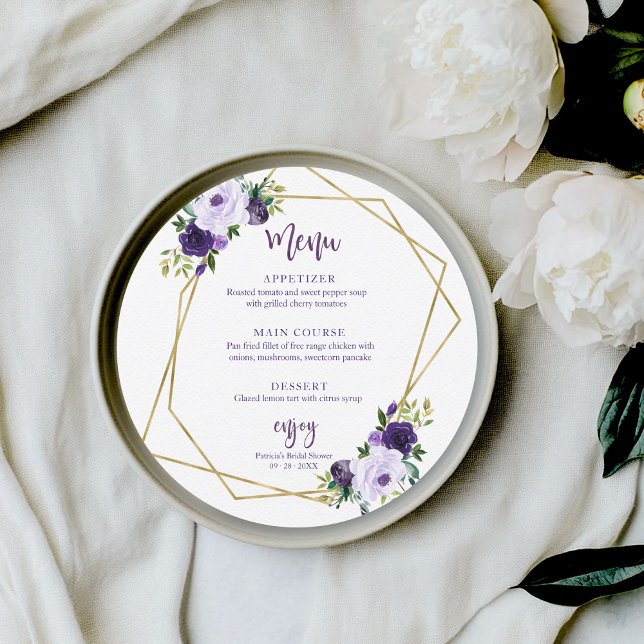 Tarjeta de menú redonda de boda con flores de oro  (Subido por el creador)