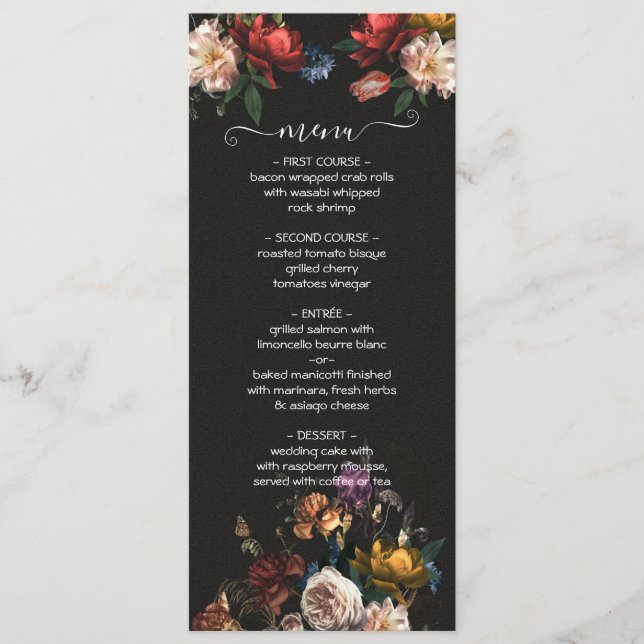 Tarjeta de menú Rembrandt Floral Dark & Moody Boda (Anverso)