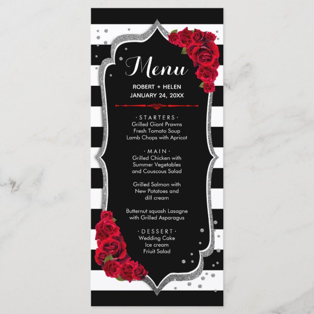 Tarjeta de menú rojo negro blanco plateado (Anverso)