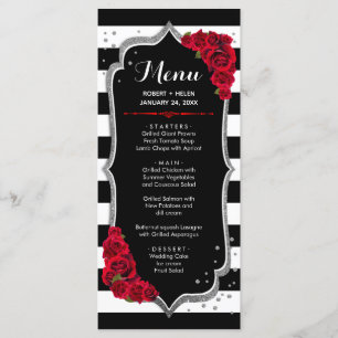 Tarjeta de menú rojo negro blanco plateado