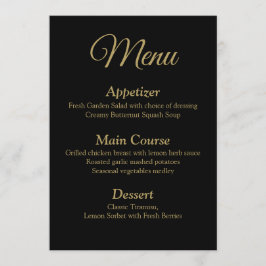 Tarjeta de menú Romántico de Boda Negro y Oro