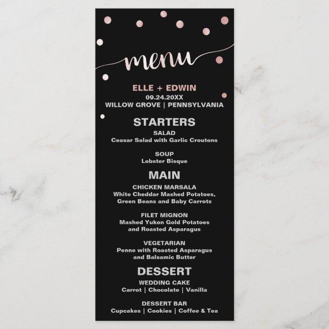 Tarjeta de menú Rosa Boda de oro y glam negro (Anverso)