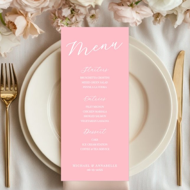 Tarjeta de menú rosa claro minimalista simple para (pink menu sign, wedding menu, bridal shower, baptism decor, simple minimalist, elegant reception)