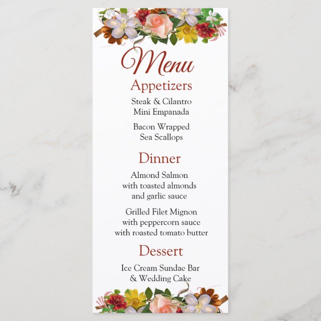 Tarjeta de menú Rosa dorado para Bodas de Bouquet (Anverso)