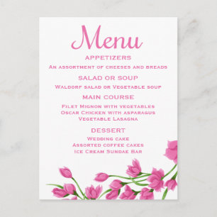 Tarjeta de menú rosa floral con flores fucsia y bl