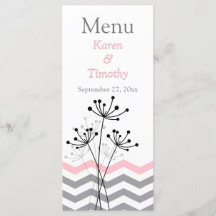 Tarjeta de menú rosa, gris, Boda de Chevrons