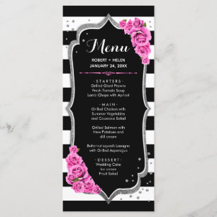 Tarjeta de menú rosa negro blanco plata