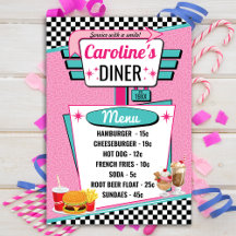 Tarjeta de menú rosa y teal de restaurante retro d
