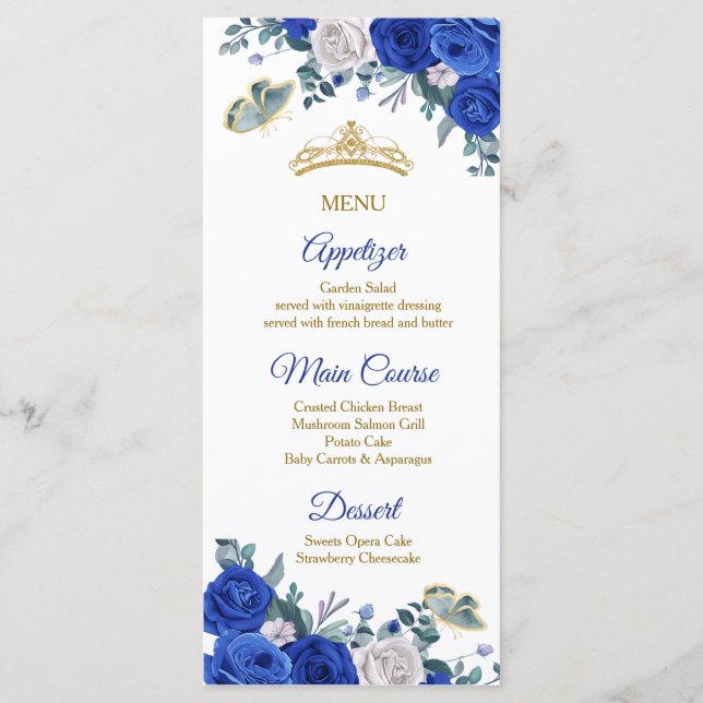 Tarjeta de menú Royal Blue Quinceañera (Anverso)