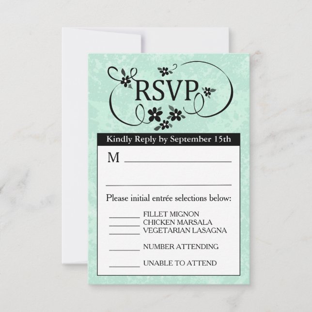 Tarjeta de menú RSVP 3.5x5 - Blanco verde y negro (Anverso)